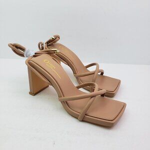 Olivia Ferguson Soleil Womens Sz 7.5 Camel Tan Strappy AnkleTie 3.5" Heel Sandal